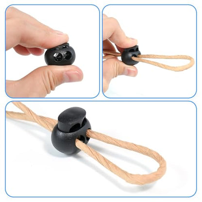 30 Pcs Black Plastic Spring Cord Lock Toggle Stopper, Double Hole Drawstring Cord Lock Fastener for Hoodies, Paracord, Shoelaces, Elastic Ropes and Bags