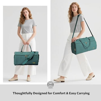 STOVER Women’s Convertible Garment Duffel Bag for Travel – 2-in-1 Carry-On Weekender/Overnight Tote - Wrinkle-Free Dresses, Suits & Clothes + Shoe Compartment & Bonus Toiletry Bag (Emerald Green) - color: Emerald Green