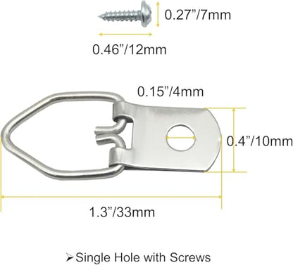 150 Pack Small D-Ring Steel Picture Hangers with Screws (Silver) | Metal Picture Hanging Kit, Picture Frames Hangers, For Hanging Photo Frames, Artwork, Paintings, Clock, Canvas Hooks - size: 150 Pack-Single hole