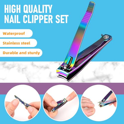 firiKer 2PCS Stainless Steel Nail Clippers,Rainbow Fingernail Clipper and Toenail Clipper, Wide Easy Press Lever Nail Cutter with Swing Out Nail Cleaner/File for Men and Women - color: Rainbow