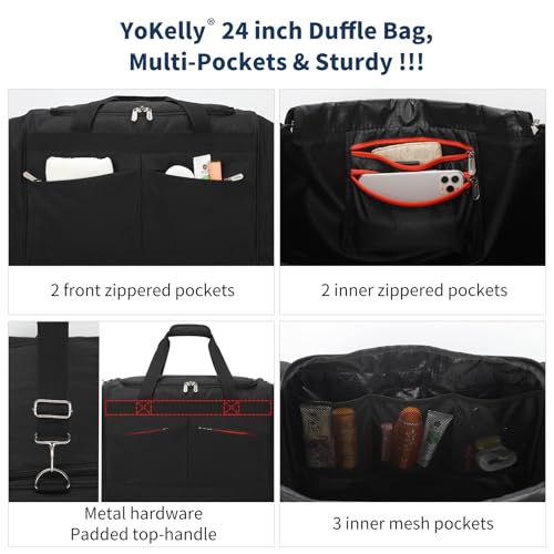 24 inch Large Gym Bag for Men - 65L Hard Bottom Duffle Bag with Shoes Compartment for Sport/Travel - Black - color: Black