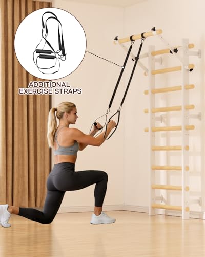 Swedish Ladder Wall Gym, Wooden Wall-Mounted Stall Bars with Pull-up Bar & Exercise Straps & Dip Bars, Stretching Ladder Full Body Home Gym Adults New - color: White