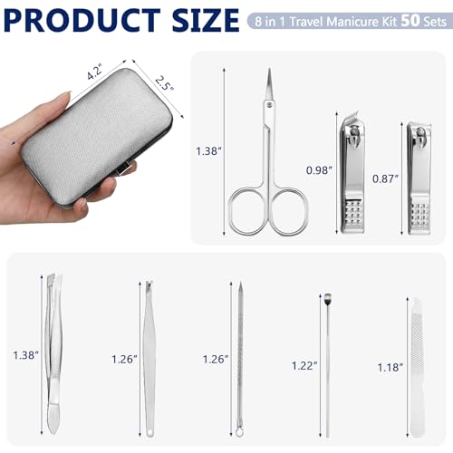 Geosar 50 Set 8 in 1 Travel Manicure Kit Bulk Professional Nail Clippers Pedicure Nail Care Tools Grooming Stainless Steel Set with Portable Travel Case, Gift for Valentine Men Women(Sliver) - color: Sliver
