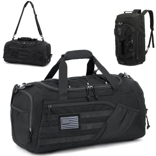 3-in-1 Tactical Duffle Bag Backpack for Men & Women Gym Bags 45L Military Sports Duffel Bag with Shoe Compartment & Wet Pocket Mens Weekender Overnight Bag for Traveling Workout, Black - color: Black