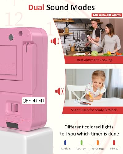 Digital Kitchen Timer with 4 Channel, Loud Alarm and Silent Mode | Magnetic Cooking Timer with Count Up & Countdown for Kids and Seniors, Large Display to Read, Auto Memory, Battery Included - color: Pink