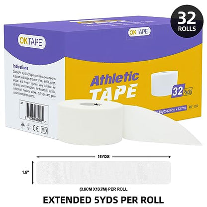 OK TAPE Athletic Sports Tape Bulk（32-Rolls - 480yds Very Strong Tape for Athlete & Sport Trainers & First Aid Injury Wrap, Perfect for Fingers Ankles Wrist on Bat, Hockey Stick - White - size: 1.5" x 15yards - 32 Rolls