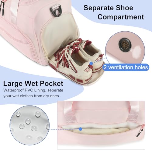 Gym Bag for Men Women, Sports Duffle Bag with Wet Pocket & Shoes Compartment, Water Resistant Overnight Weekender Bag Duffel Bag - color: Pink