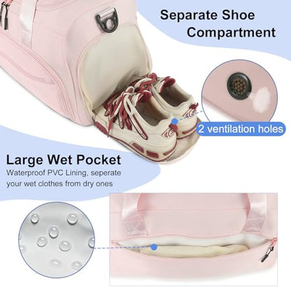 Gym Bag for Men Women, Sports Duffle Bag with Wet Pocket & Shoes Compartment, Water Resistant Overnight Weekender Bag Duffel Bag - color: Pink