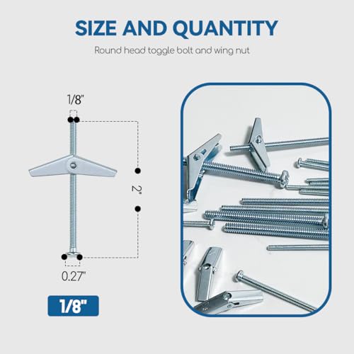 1/8X2-Inch Toggle Bolt and Wing Nut for Hanging Heavy Items on Drywall (50 Pack) - size: 1/8x2inch-50pcs