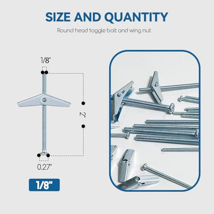 1/8X2-Inch Toggle Bolt and Wing Nut for Hanging Heavy Items on Drywall (50 Pack) - size: 1/8x2inch-50pcs