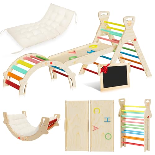 Pikler Triangle Set with Cushion, Montessori Toddler Climbing Toys Indoor | 8-in-1 Rainbow jungle gym, foldable pikler triangle and wooden arch, birch plywood & beech round pole - color: Multicolored