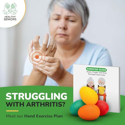 Healthy Seniors Squeeze Balls for Hand Therapy - Set of 4-Hand Exercise Balls for Arthritis & Carpal Tunnel - Stress Ball for Adults Therapy with Printed Guide Book and Videos