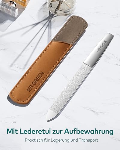 MR.GREEN Professional Double Sided Stainless Steel Nail File with Non-Slip Handle and Leather Case, Pointed Nail Buffering Files Washable - size: MR-2111