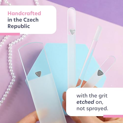 Bona Fide Beauty Czech Glass Gift Set: Foot File, Nail File, Cuticle Pusher | Clear set: genuine Bohemian crystal glass set includes protective cases and sleeves. Reusable and easy to clean. - color: Clear
