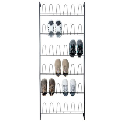 MyGift 70 Inch Black Metal Wall Mounted Shoe Rack with 36 Hooks | Holds 18 Pairs, Efficient Vertical Design, 36 Hanging Points, Slim Profile, Small Space Solution, Easy Access Setup - color: Black (6 Tier, 18 Pairs)