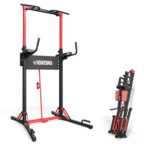 ONETWOFIT Foldable Power Tower Pull Up Bar Dip Station, Multi-Function Adjustable Height, Strength Training, 400LBS Capacity