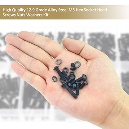 242 Pieces Black M5 x 6/8 /10/12 /16/20 /25mm Button Head Socket Cap Screws Nuts Washers Assortment Kit, 10.9 Grade Alloy Steel - size: M5, style: Button Head