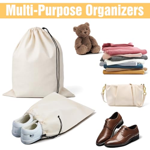 6 Pack Cotton Shoe Bags for Travel & Storage - 17.7"x13.8" Dustproof Drawstring Pouches, Washable & Reusable Cotton Organizers (Beige)