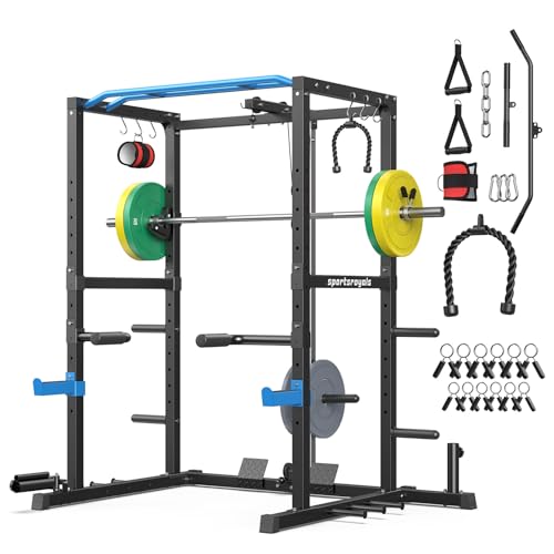 SPORTSROYALS Power Rack, Multi-Functional Power Cage, Squat Rack with Pulley System & LAT Pull Down, Workout Cage with J Hooks for Home Gym - color: Blue, style: 140LB Colorful Package