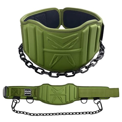 2-in-1 Weightlifting Belt with 36 IN Steel Chain & Self Locking, Dip Belt for Pull Up, Squat, Deadlifts & Added Weight Training - color: Military Green, size: L(33"-36")