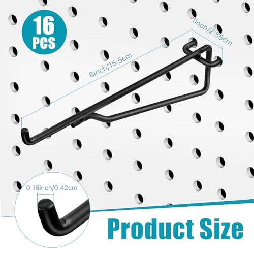 16 Pcs Pegboard Shelf Hooks, 6" Metal Peg Board Brackets Hooks Fits 1/4 Black Pegboard Organizer Accessories for Workbench, Garage, Craft Room, Retail Shop