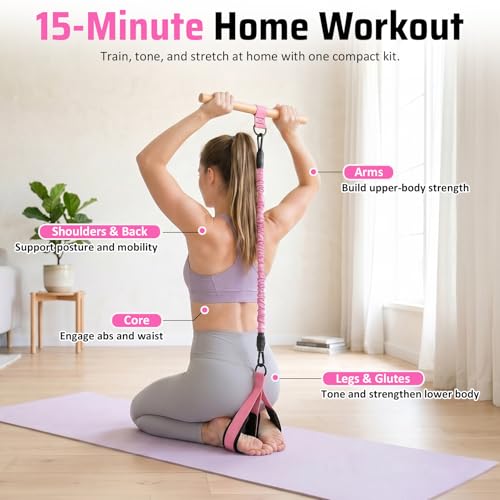 Multifunction Resistance Bands with Handles, Upgraded Dual D-Ring | 3-Tube Adjustable Resistance: 30/60/90 LB | Beech Wood Handle | Wide Foot Pedals | for Abdomen, Waist, Arm, Leg, Pilates - color: Pink