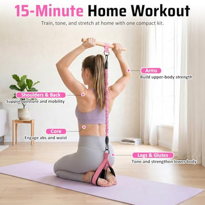 Multifunction Resistance Bands with Handles, Upgraded Dual D-Ring | 3-Tube Adjustable Resistance: 30/60/90 LB | Beech Wood Handle | Wide Foot Pedals | for Abdomen, Waist, Arm, Leg, Pilates - color: Pink