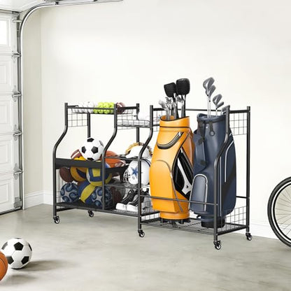 WALMANN Golf Bag Storage Rack with Wheels, Rolling Sports Equipment Organizer, Large Capacity Garage Storage Cart for Balls, Golf Bags - style: Rolling Stand for 2 Bags