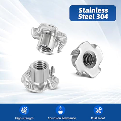 M6 T-Nuts, 304 Stainless Steel 4 Pronged Tee Nuts, Four-jaw Threaded Inserts for Rock Climbing Holds, Furniture, Cabinetry, Woodworking, Silver, 25 PCS - size: M6