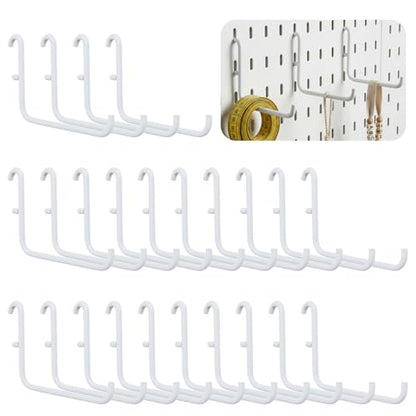 24 Pcs White L-Shaped Pegboard Hooks, 3.74 x 2.36 Inches, Compatible with IKEA Skadis Long Metal Storage Hooks for Home Office, Garage, Kitchen Tool Organization