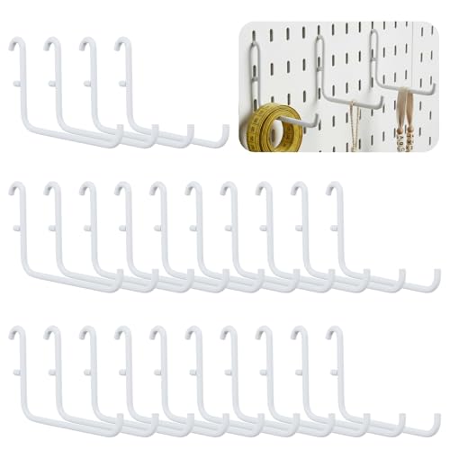 24 Pcs White L-Shaped Pegboard Hooks, 3.74 x 2.36 Inches, Compatible with IKEA Skadis Long Metal Storage Hooks for Home Office, Garage, Kitchen Tool Organization