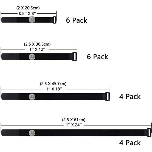Wisdompro 20 Pack (8 12 18 24 Inch) Hook and Loop Tie Down Strap Heavy Duty | Durable Nylon, Reusable, Long, Wide, Black, Functional, Adjustable Fastening Cinch Strap Cable Cord for Home, Office, Outdoor - size: Mixed Size, 20 Pack