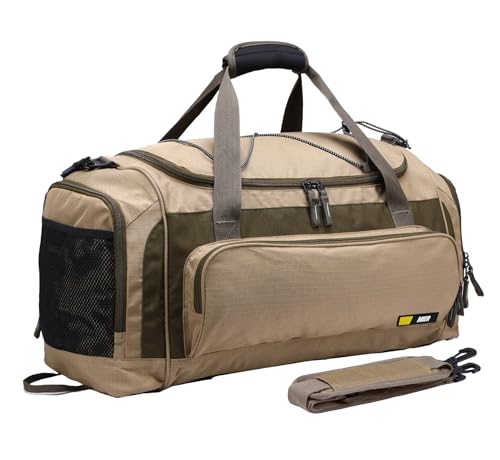 MIER Large Gym Bag for Men 60L Duffel Bag with Shoe Compartment | Lightweight & Durable Sports Duffles; Suited for Workout Fitness Travel Weekender; Water Resistant; Adjustable Shoulder Strap - color: Khaki