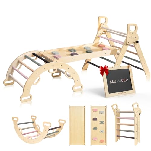 BlueWood Pikler Triangle Set for 2-6 Years Old (Mauve Pink) | 7-In-1 Foldable Wooden Toddler Climbing Toys, Montessori Jungle Gym for Indoor Activity, Balance and Imaginative Play - color: Mauve Pink