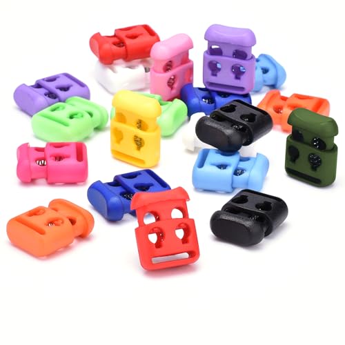 CooBigo Plastic Cord Locks for Paracord Drawstring Clip, Spring Toggle Cord Stopper Sweatpant Hat Gloves Hoodie String Lock - color: 01-20pcs Assorted Colors