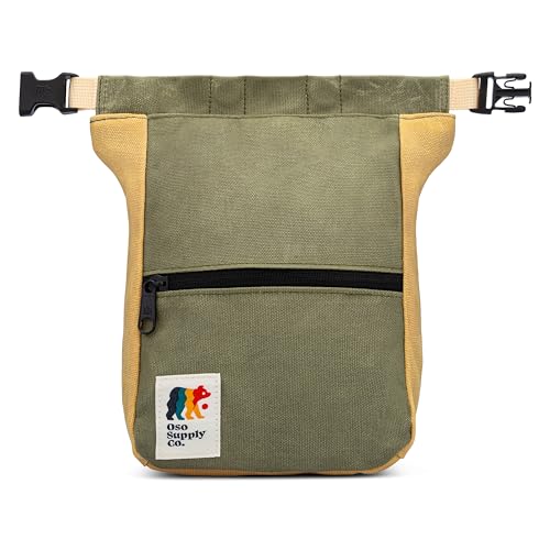 Oso Supply Co - Kulshan Bouldering Bucket, Large Size Chalk Bag for Rock Climbing, Chalk Pot with Magnetic Roll Down Closure, Brush Loop, Zippered Pockets for Climbers - color: Cedar Green & Tan