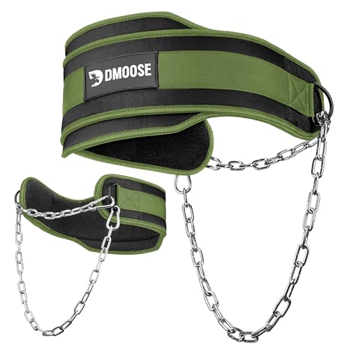 DMoose Fitness Dip Belt for Weight Lifting, Pullup, Squats & Dips - 36" Robust Steel Chain, Comfortable Neoprene Padding Supports 350lbs - Gym Weight Belt for Strength Training Workout & Weightlifting - color: Military Green