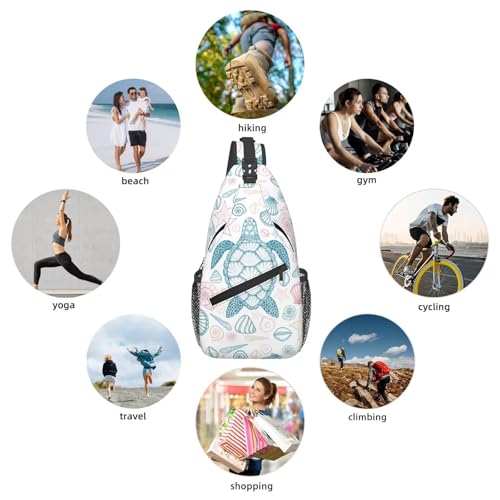 Sea Turtle Crossbody Sling Bag for Women Men Coastal Sea Animal Turtle and Shells in Line Art Style Travel Sling Backpack Casual Shoulder Bag Underwater World Print Sports Hiking Daypack - color: Blue Pink