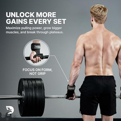 DMoose Fitness Weight Lifting Hooks (Pair) for Deadlifts, Pull Ups, Rows & Shrugs - Anti-Rip Nylon Strap Hand Grips with Thick Wrist Padding - Heavy Duty Wrist Straps for Weightlifting & Gym Workouts - color: Military Green Lifting Grip