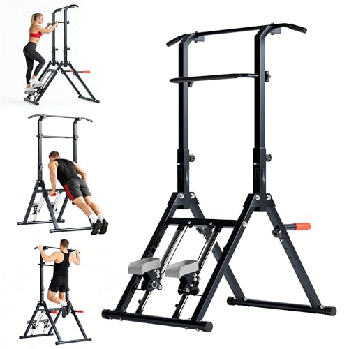 DlandHome Foldable Pull Up Bar Dip Station With Stair Stepper, Adjustable Multifunction Workout Power Tower Pull-up Bars for Home Gym, Strength Training Equipment, Triangular Legs, Up to 330lbs
