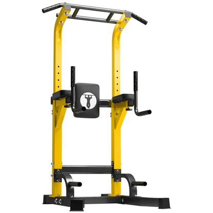DlandHome Power Tower Pull Up Bar Station, 10 Level Adjustable Height | Heavy Duty Pull Up Dip Station for Home Gym Strength Training Equipment, Comfortable Backrest, 330LBS Weight Capacity - color: Yellow