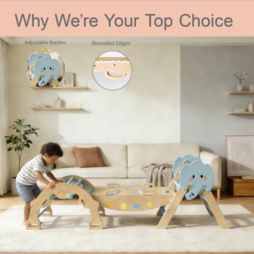 OUTLANE Pikler Triangle Set, 7-in-1 Foldable Wooden Toddler Climbing Toys Indoor, Jungle Gym for Toddlers, Large Montessori Climbing Set with Reversible Slide, Arch Ramp, Ladder, Draw Board & Cushion - color: Blue With Draw Board
