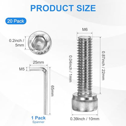 M METERXITY 20-Pack M6 x 22mm Socket Head Cap Screws, 304 Stainless Steel Hex Machine Bolts, Allen Socket Drive Screw with Hex Wrench for Repair/DIY, Fully Threaded Fasteners Kit [Silver] - size: M6 x 22mm