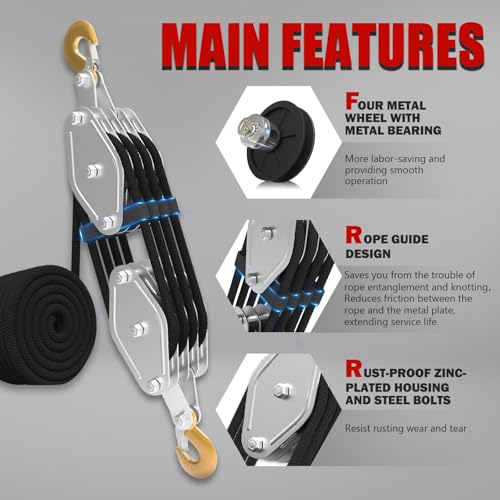YATOINTO Rope Hoist Pulley System with Rope Guide Metal Bearing, 4400LB Pulley Block and Tackle, 8:1 Lifting Power 65ft, Heavy Duty Pulley Block for Hunting Lifting Pulling Garage Warehouses Building - color: black, size: (Anti-tangle)4wheels