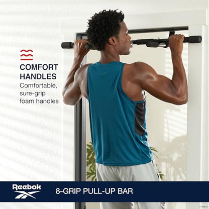 Reebok 8-Grip Pull-Up Bar, Multi-Function Door Frame | Door-Mount Pull-Up Bar | 8 Grip Positions | Foam-Padded Handles | Upper Body Strength | No Installation Required