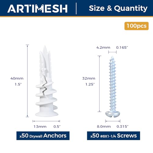 8# 100PCs Self Drilling Drywall Anchors Kit - 75LBs Heavy Duty Plastic Drywall Hangers with 50 Self-Tapping Screws - Mounting Hardware for Sheetrock Anchors