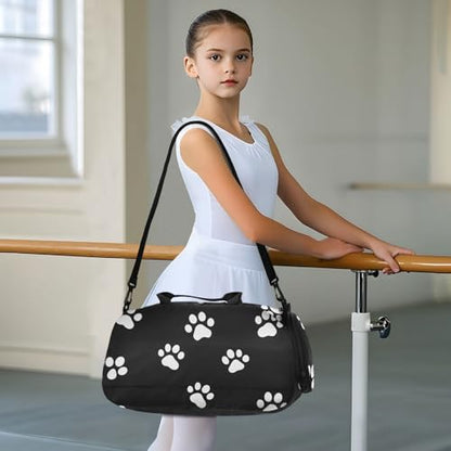 Kids Sports Duffel Bag for Boys & Girls - White Dog Paw Prints 100% Polyester Gym Bag with Separate Shoe Compartment, Adjustable Shoulder Strap, Compact Travel & Workout Gear Bag - color: White Dog Paw Prints