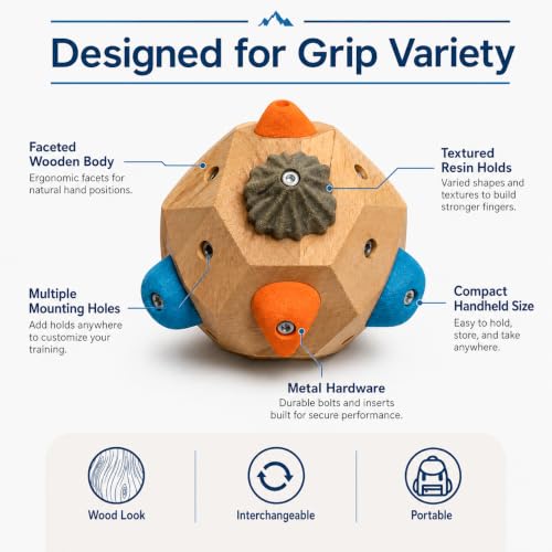 Climber's Gift Wooden Boulder Block Grip Trainer with 12 Resin Holds | Customizable Hold Layout, Portable & Handheld, Includes Canvas Bag, Mini Boulder Keychain, Screws & Tools Included