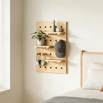 HJZALMI Pegboard Wall Organizer, Wood Pegboard Combination Kit with Shelves & Hooks, Modular Peg Board Panels Storage System for Office Organization Kitchen Bedroom, 15.7"x23.6"x0.6", Beige | Pegboard Combination Kit with Shelves & Hooks, Modular PegBoard