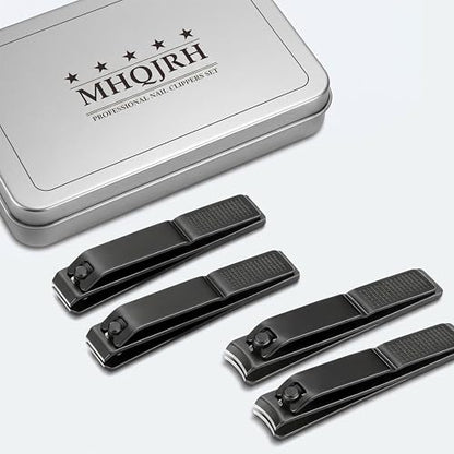 Large Nail Clippers Set for Thick Nails, Straight & Curved Edge | Heavy Duty Toenail Clippers,4 PCS Set Black,Stainless Steel Fingernail & Toe Nail Clippers with File for Men Women Adults - color: Black
